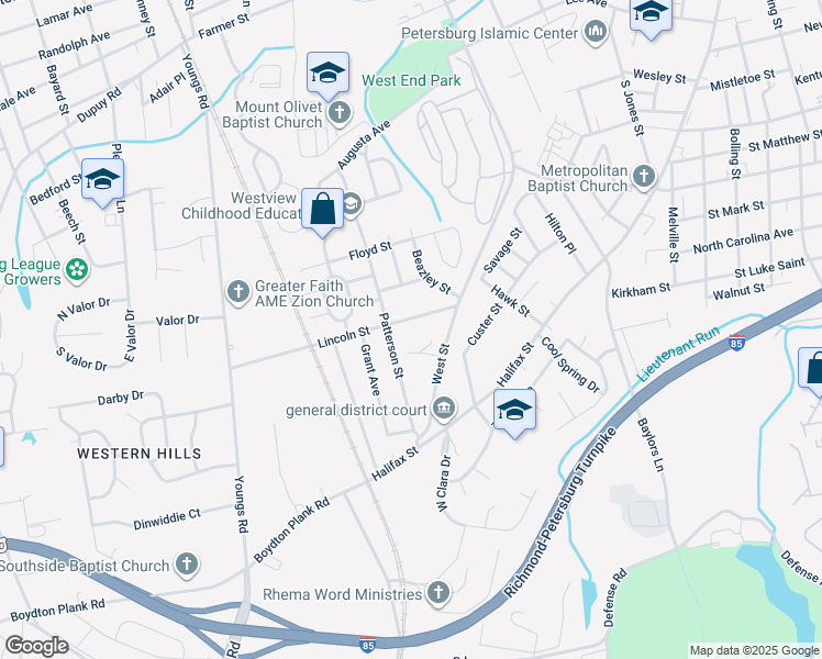 map of restaurants, bars, coffee shops, grocery stores, and more near 1336 Lincoln Street in Petersburg