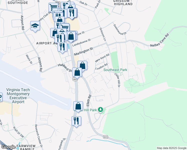 map of restaurants, bars, coffee shops, grocery stores, and more near 304 Loudon Road in Blacksburg