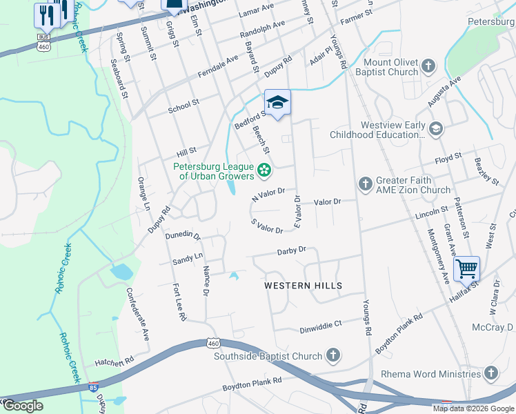 map of restaurants, bars, coffee shops, grocery stores, and more near 1665 Delmar Avenue in Petersburg