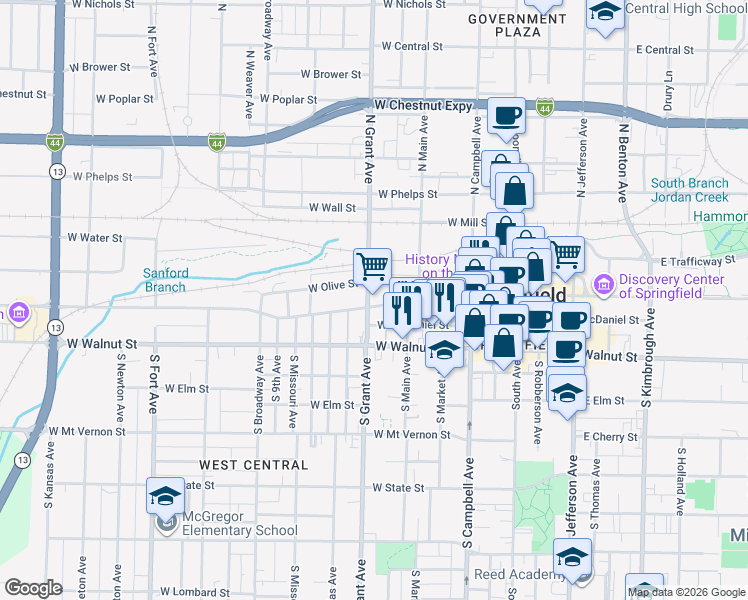 map of restaurants, bars, coffee shops, grocery stores, and more near 200 North Grant Avenue in Springfield