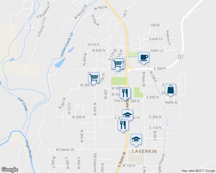 map of restaurants, bars, coffee shops, grocery stores, and more near 220 West 380 North in La Verkin