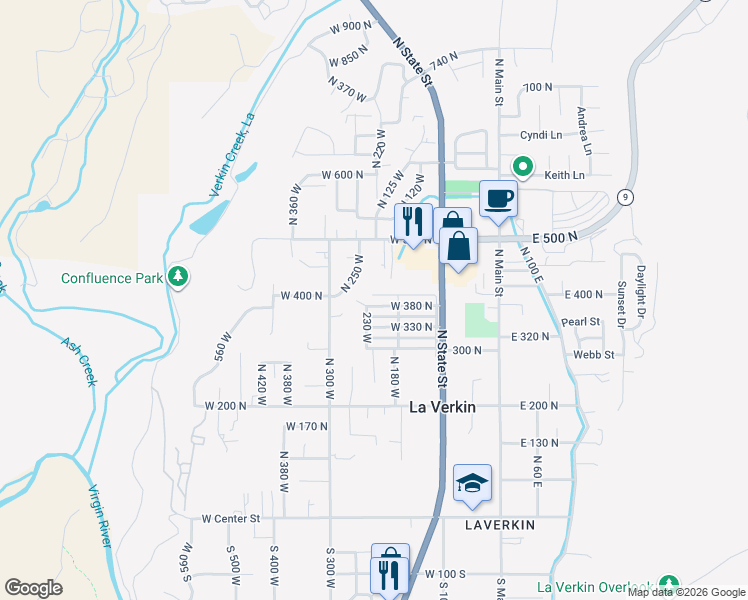 map of restaurants, bars, coffee shops, grocery stores, and more near 220 West 380 North in La Verkin