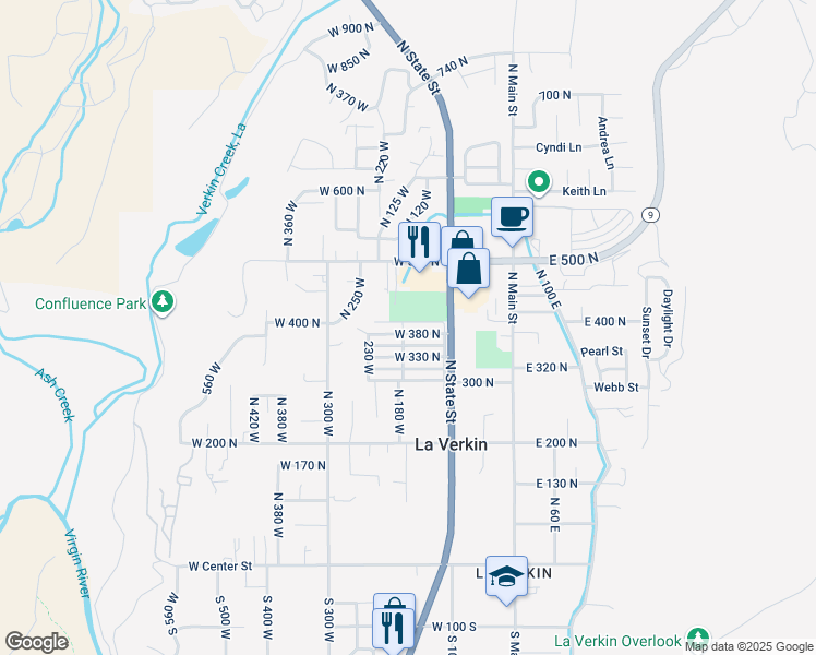 map of restaurants, bars, coffee shops, grocery stores, and more near 160 West 380 North in La Verkin