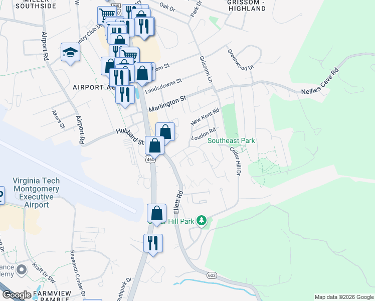 map of restaurants, bars, coffee shops, grocery stores, and more near 304 Loudon Road in Blacksburg