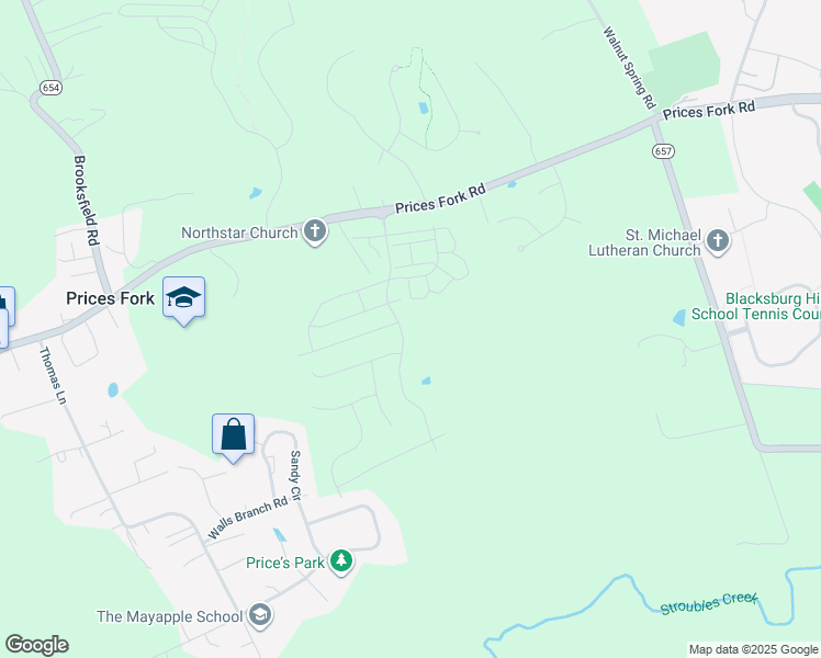 map of restaurants, bars, coffee shops, grocery stores, and more near 3871 Prices Fork Road in Blacksburg
