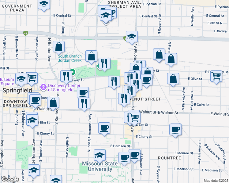 map of restaurants, bars, coffee shops, grocery stores, and more near 1028 East Saint Louis Street in Springfield