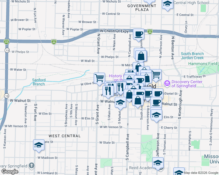 map of restaurants, bars, coffee shops, grocery stores, and more near 615 W College St in Springfield