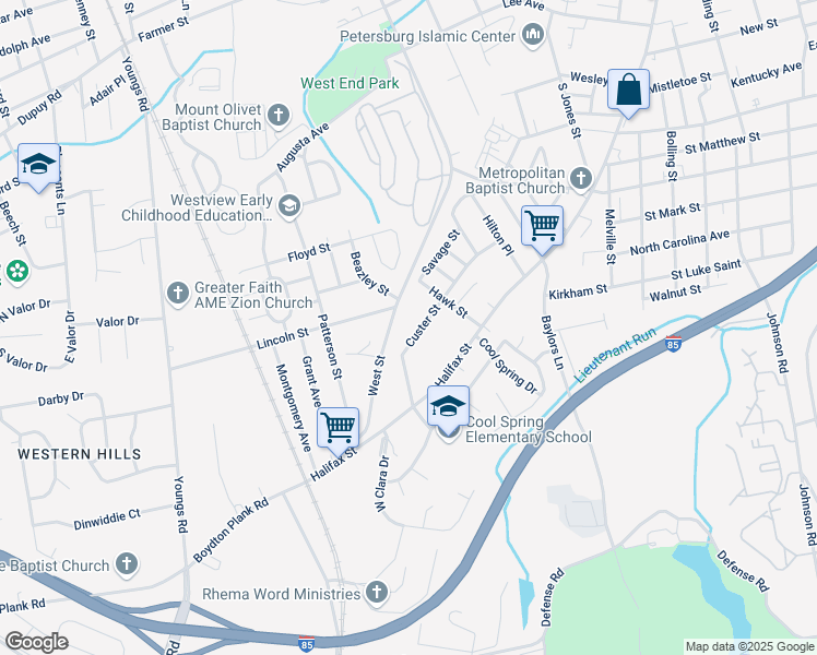 map of restaurants, bars, coffee shops, grocery stores, and more near 1311 Lincoln Street in Petersburg