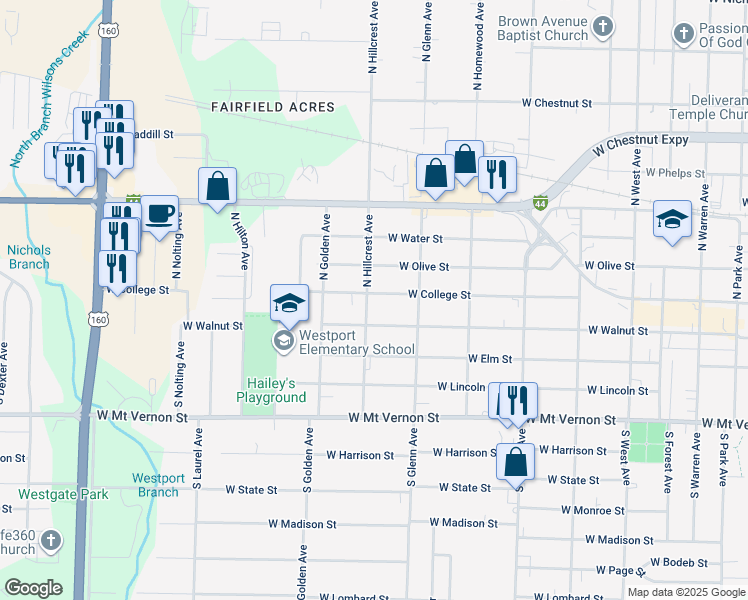 map of restaurants, bars, coffee shops, grocery stores, and more near 3000 West College Street in Springfield