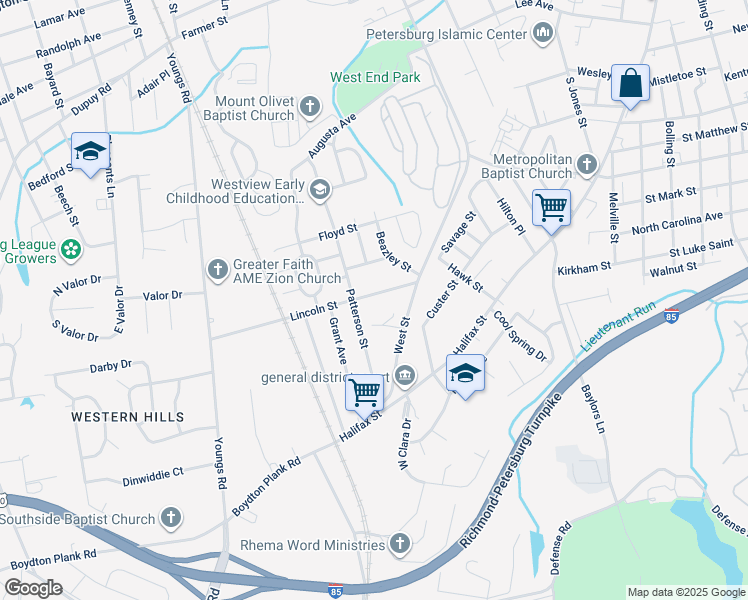 map of restaurants, bars, coffee shops, grocery stores, and more near 1336 Lincoln Street in Petersburg