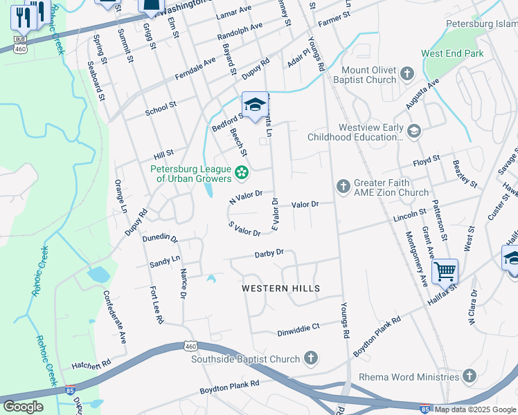 map of restaurants, bars, coffee shops, grocery stores, and more near 1625 Delmar Avenue in Petersburg