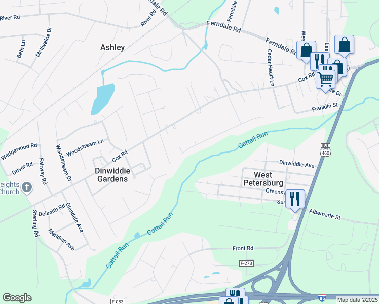 map of restaurants, bars, coffee shops, grocery stores, and more near 25211 Walkers Landing Court in Petersburg