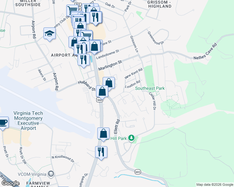 map of restaurants, bars, coffee shops, grocery stores, and more near 237 Fairfax Road in Blacksburg