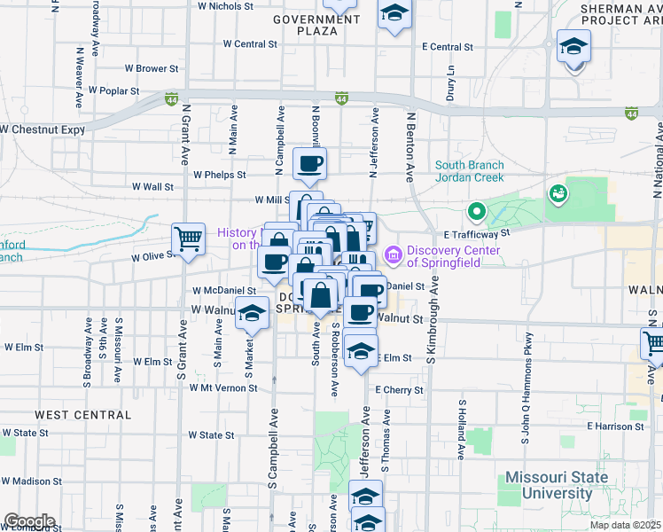 map of restaurants, bars, coffee shops, grocery stores, and more near 307 Park Central East in Springfield