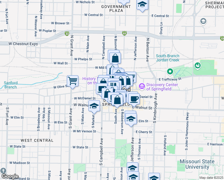 map of restaurants, bars, coffee shops, grocery stores, and more near in Springfield