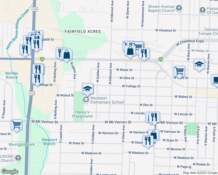 map of restaurants, bars, coffee shops, grocery stores, and more near 3000 West College Street in Springfield