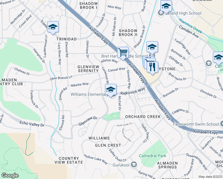 map of restaurants, bars, coffee shops, grocery stores, and more near 6937 Lenwood Way in San Jose