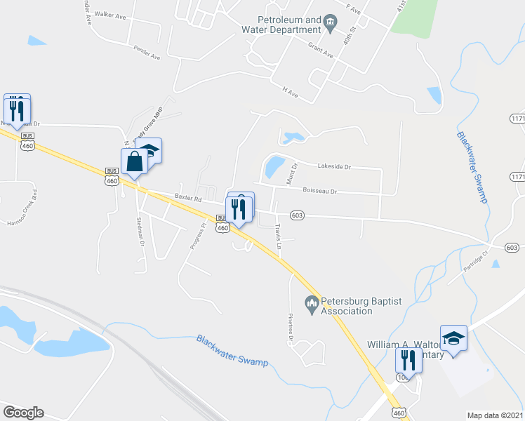 map of restaurants, bars, coffee shops, grocery stores, and more near 1493 Baxter Road in Petersburg