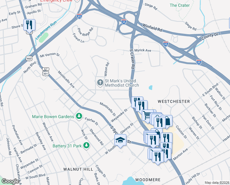 map of restaurants, bars, coffee shops, grocery stores, and more near 340 Claremont Street in Petersburg