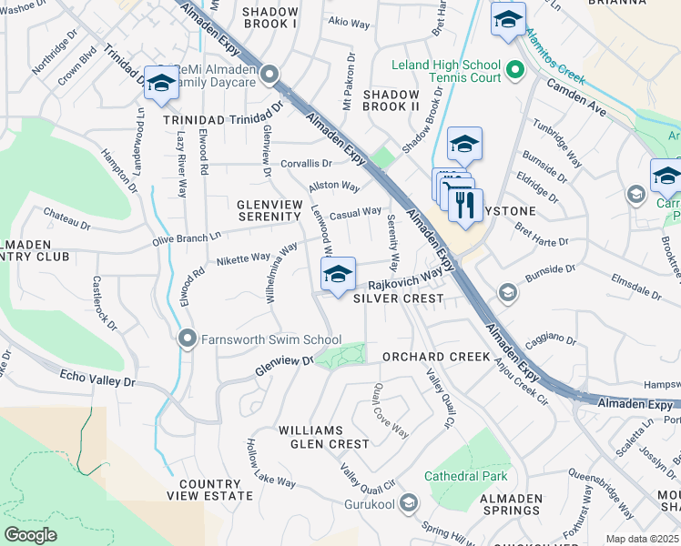 map of restaurants, bars, coffee shops, grocery stores, and more near 6937 Lenwood Way in San Jose