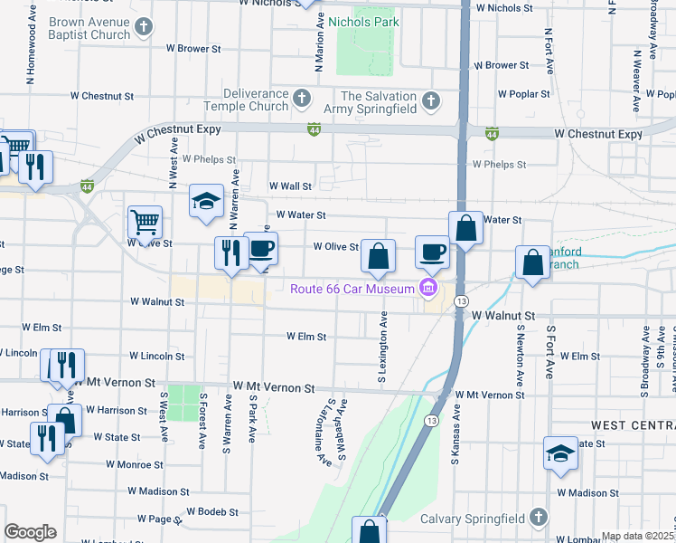 map of restaurants, bars, coffee shops, grocery stores, and more near 1929 West College Street in Springfield