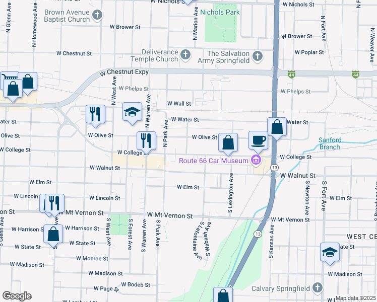 map of restaurants, bars, coffee shops, grocery stores, and more near 2041 West College Street in Springfield