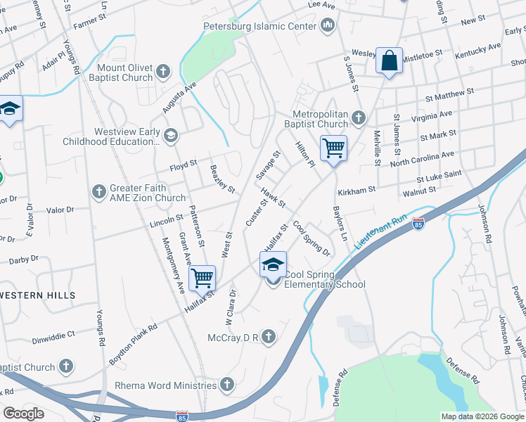 map of restaurants, bars, coffee shops, grocery stores, and more near 1323 Custer Street in Petersburg