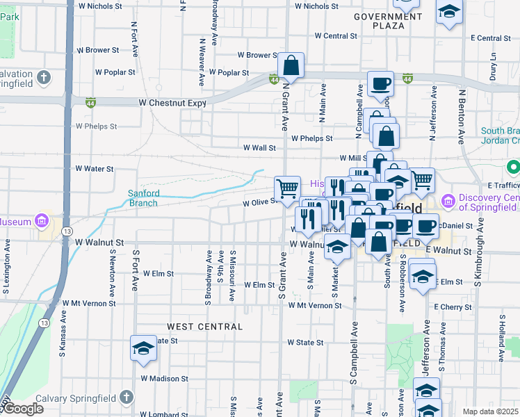 map of restaurants, bars, coffee shops, grocery stores, and more near 734 West Olive Street in Springfield