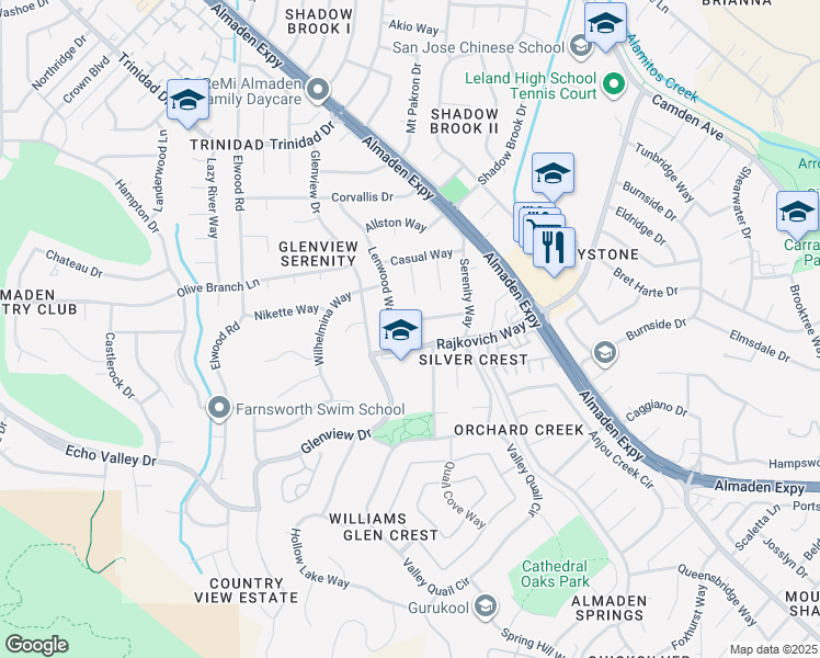 map of restaurants, bars, coffee shops, grocery stores, and more near 6941 Lenwood Way in San Jose