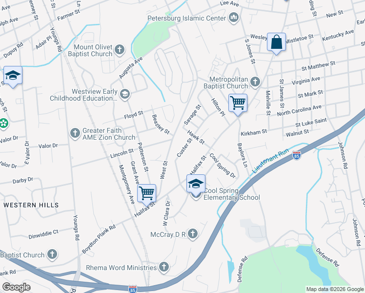 map of restaurants, bars, coffee shops, grocery stores, and more near 1323 Custer Street in Petersburg