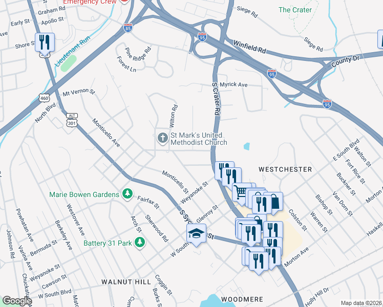 map of restaurants, bars, coffee shops, grocery stores, and more near 340 Claremont Street in Petersburg