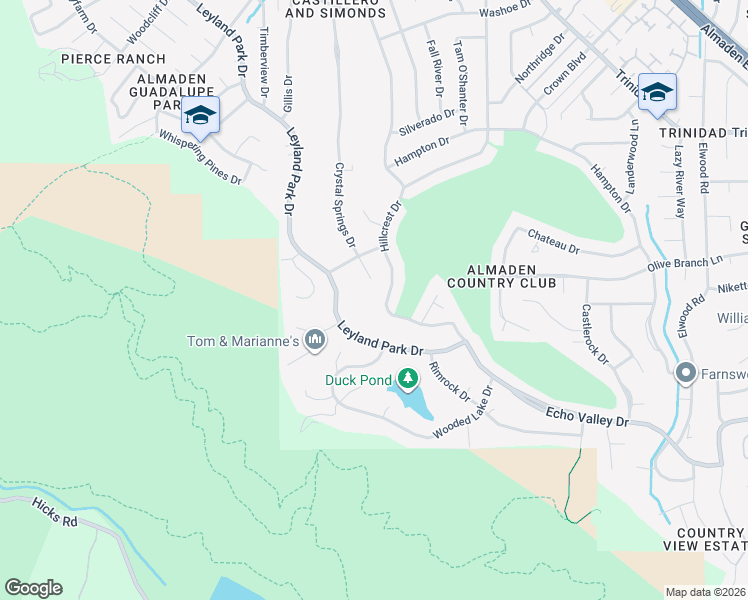 map of restaurants, bars, coffee shops, grocery stores, and more near 1331 Hillcrest Drive in San Jose