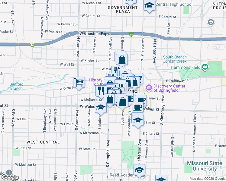 map of restaurants, bars, coffee shops, grocery stores, and more near 320 Park Central West in Springfield