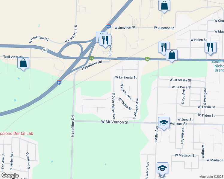 map of restaurants, bars, coffee shops, grocery stores, and more near 267 South Dove Valley Avenue in Springfield