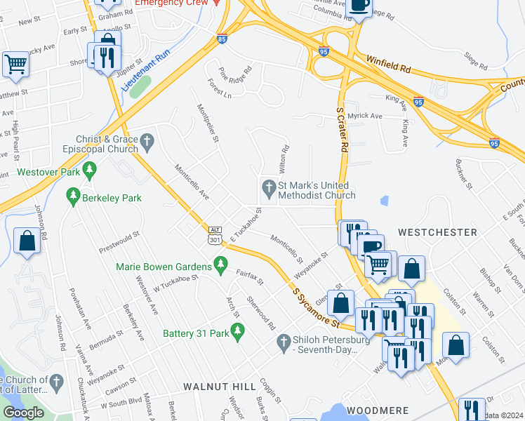 map of restaurants, bars, coffee shops, grocery stores, and more near 218 Claremont Street in Petersburg