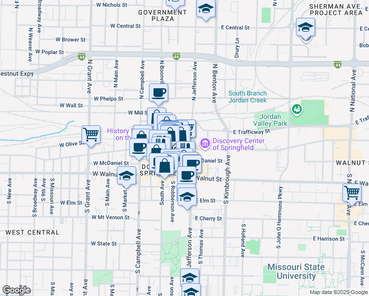map of restaurants, bars, coffee shops, grocery stores, and more near 325 Park Central East in Springfield