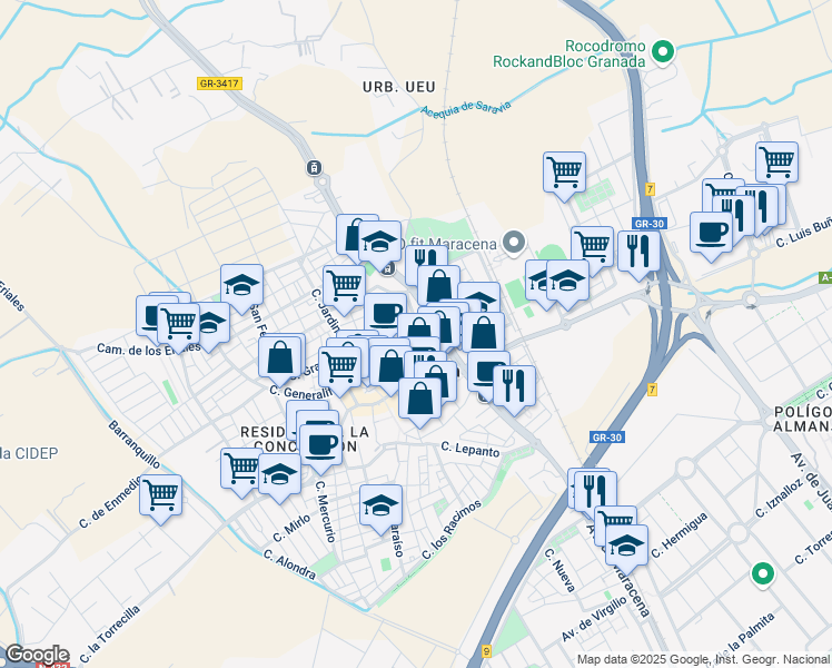map of restaurants, bars, coffee shops, grocery stores, and more near 10 Calle Cuatro Cantillos in Maracena
