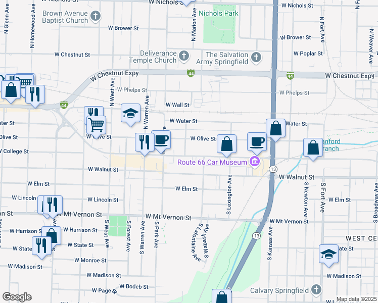 map of restaurants, bars, coffee shops, grocery stores, and more near 2041 West College Street in Springfield