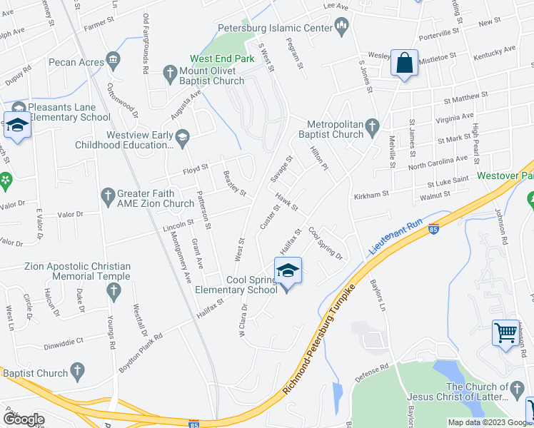 map of restaurants, bars, coffee shops, grocery stores, and more near 1330 Custer Street in Petersburg