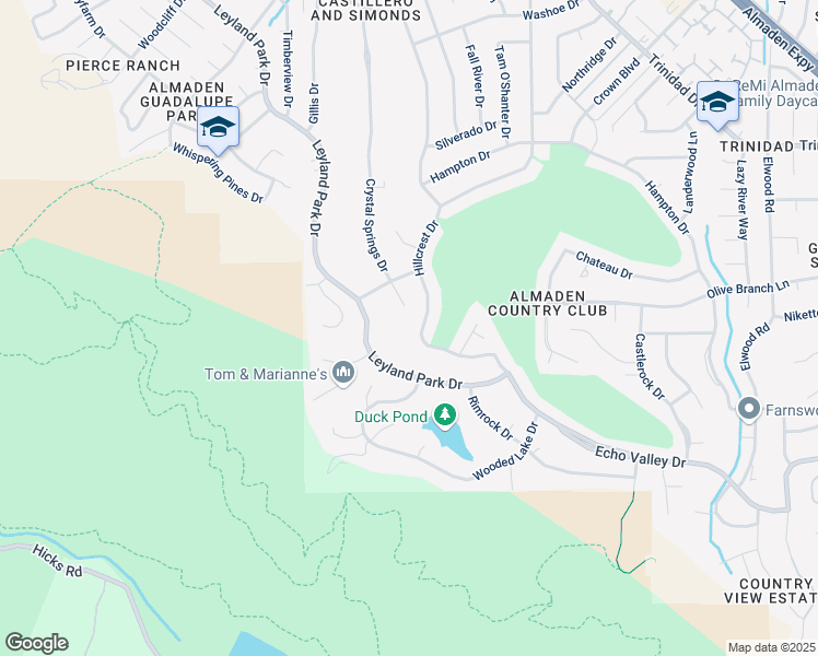 map of restaurants, bars, coffee shops, grocery stores, and more near 1331 Hillcrest Drive in San Jose