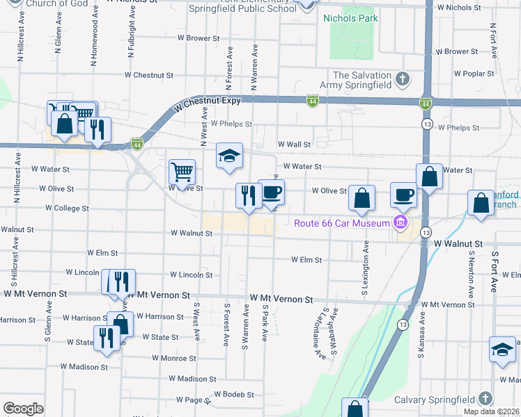 map of restaurants, bars, coffee shops, grocery stores, and more near 2221 West College Street in Springfield