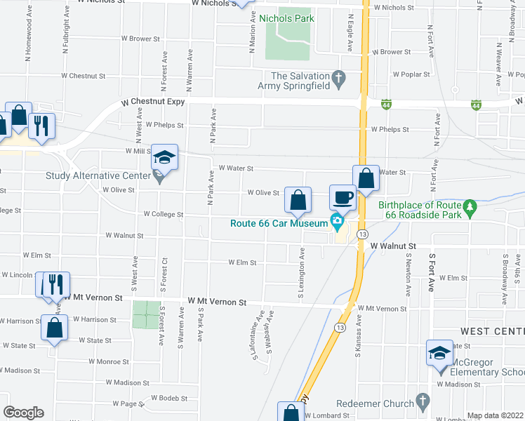 map of restaurants, bars, coffee shops, grocery stores, and more near 1929 West College Street in Springfield