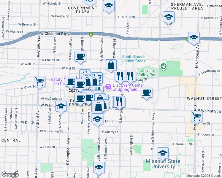 map of restaurants, bars, coffee shops, grocery stores, and more near 505 East Saint Louis Street in Springfield