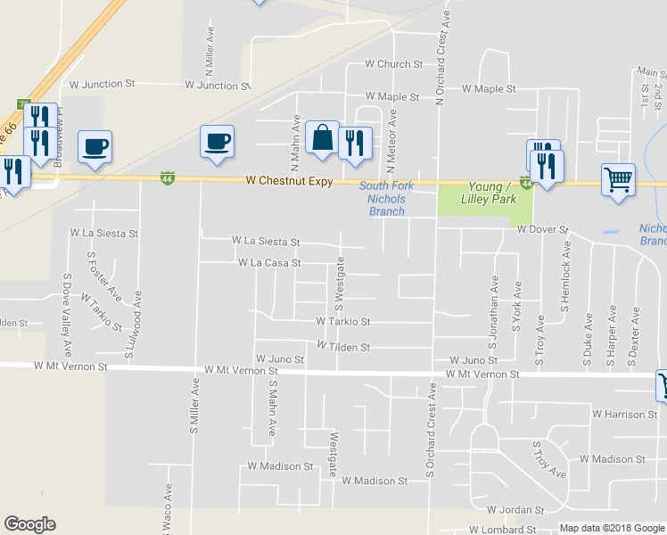 map of restaurants, bars, coffee shops, grocery stores, and more near 302 South Canton Avenue in Springfield