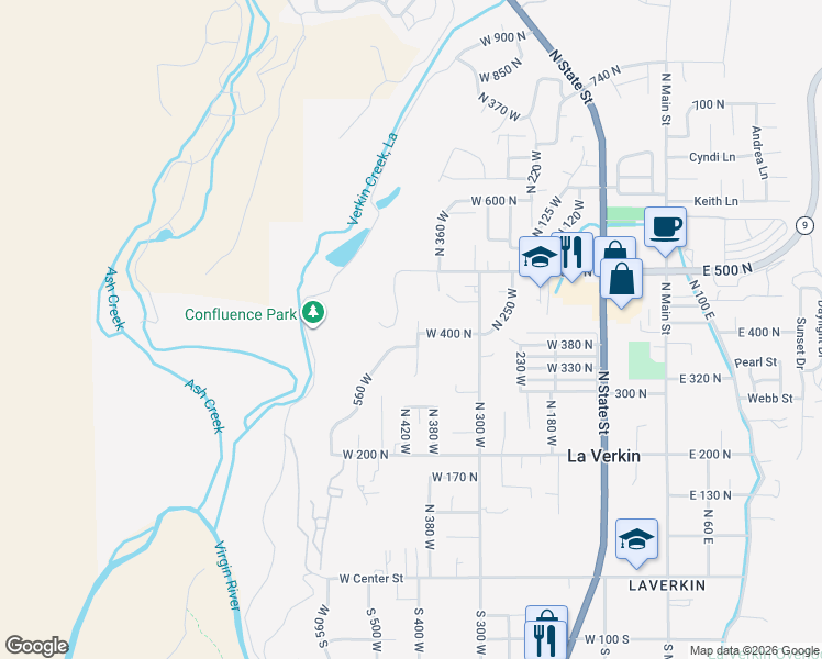 map of restaurants, bars, coffee shops, grocery stores, and more near 409 North 400 West in La Verkin