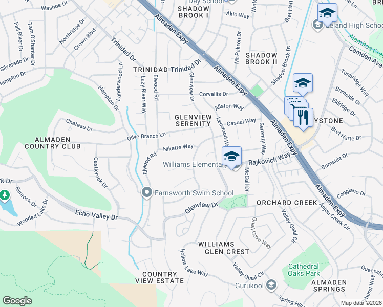 map of restaurants, bars, coffee shops, grocery stores, and more near 1171 Wilhelmina Way in San Jose