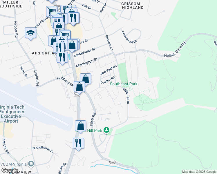 map of restaurants, bars, coffee shops, grocery stores, and more near 319 Fairfax Road in Blacksburg