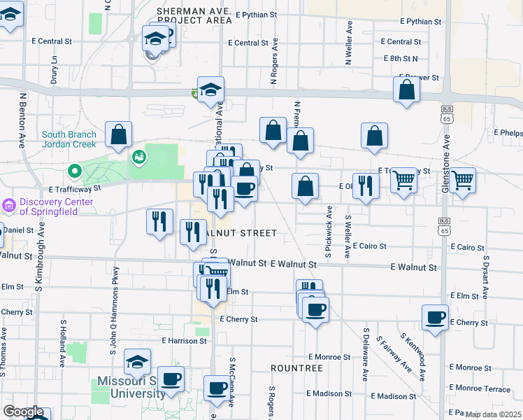map of restaurants, bars, coffee shops, grocery stores, and more near 216 South Kickapoo Avenue in Springfield