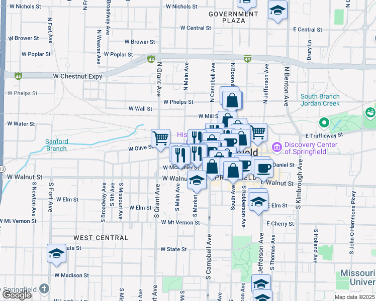 map of restaurants, bars, coffee shops, grocery stores, and more near 501 West College Street in Springfield