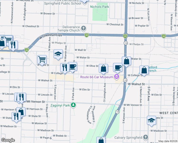 map of restaurants, bars, coffee shops, grocery stores, and more near 1929 West College Street in Springfield